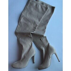 Women’s size 8 shimmery beige stretchy knee high heeled boots